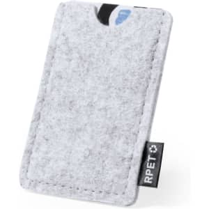 A grey felt card holder with a top opening, featuring a branded tag on the side.