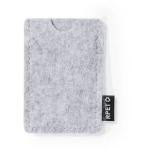 A grey felt business card holder with a slot for cards and a small branding tag on the side.