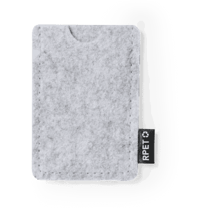 A grey felt business card holder with a side slot and a small tag.