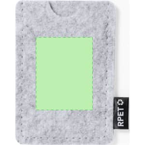 A grey felt card holder with an empty slot for a card and a small logo tag.