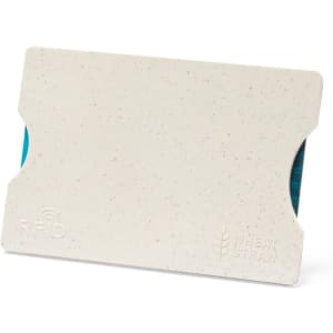 A lightweight, beige card holder featuring RFID protection, designed for business cards, with a textured finish.