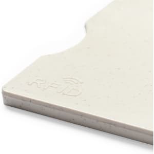 A light grey business card holder with a textured surface and an RFID logo.