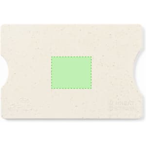 A beige business card holder made from wheat straw, featuring an RFID-blocking design and a central green area.