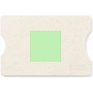 A light beige card holder made from wheat straw, featuring an RFID protection element and a green square detail.