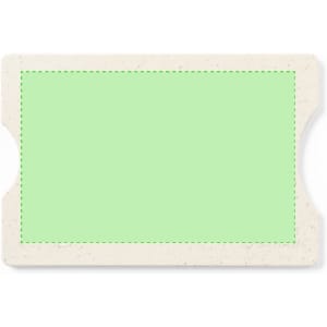 A green business card holder with a cream border and a stitched pattern, featuring a simple, minimalist design.