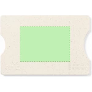 A business card holder in a neutral tone, featuring an RFID blocking design and a branding element.