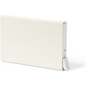 A white business card holder with a sleek design, featuring a small tab for easy access and a subtle speckled texture.