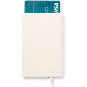 A white RFID card holder with a top slot displaying a blue Visa card inside.