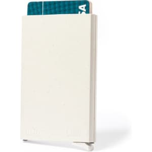 A sleek white card holder with a textured finish, holding a card. It features a simple design and has a logo.