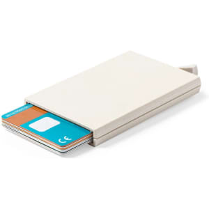 A cream-coloured card holder with multiple business cards partially visible. Features a simple, sleek design.