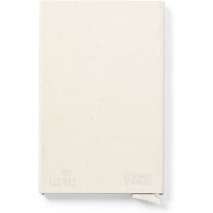 A light beige business card holder with a sleek design, featuring an RFID logo and a tag.