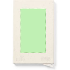A white RFID business card holder with a textured finish and a green rectangular panel. It features a logo.
