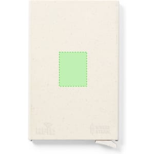 A white business card holder featuring a green highlighted area and an embedded logo.
