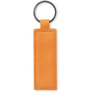An orange leather keyring featuring a simple design with a metal ring attachment.