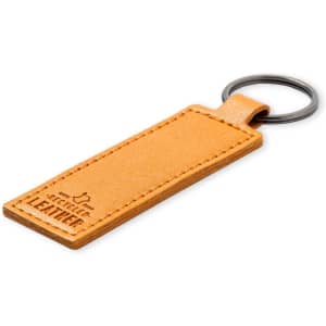 A tan leather keyring featuring a keyring attachment and a branded logo.
