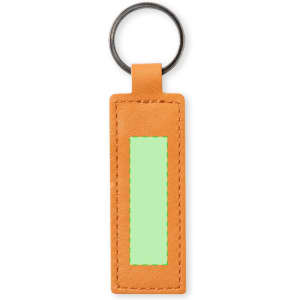 An orange keyring with a rectangular green area, featuring a metal keyring attachment at the top.