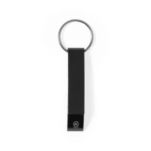 A drink bottle opener keyring in black with a metal ring and a small logo on one side.