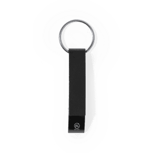 A drink bottle opener keyring in black with a metal ring and a logo on the keyring.
