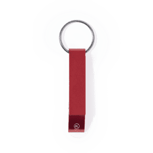 A drink bottle opener keyring in red with a metal ring and a branding logo at the base.