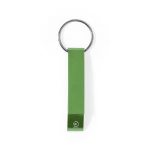 A drink bottle opener keyring in green with a metal ring and a logo.
