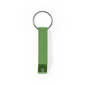 A green bottle opener keyring with a silver keyring attachment and a logo.