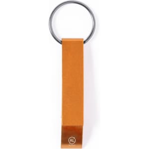 A drink bottle opener keyring in a warm orange hue with a metallic finish and a keyring attached.