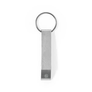 A drink bottle opener keyring in a sleek silver design with a circular keyring attachment.