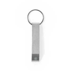 A silver bottle opener keyring with a rectangular design and a circular keyring attachment. It features a logo.