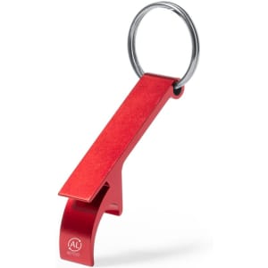 A drink bottle opener keyring in red metal with a circular keyring attachment and a logo on the base.