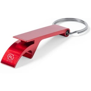A drink bottle opener keyring in red metal with a silver keyring attachment. Features a branding logo.