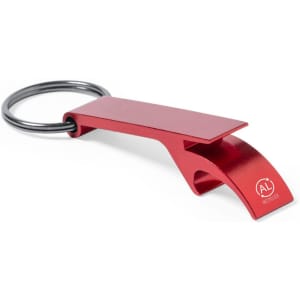 A red aluminium bottle opener keyring with a metal keyring attachment and a small logo.