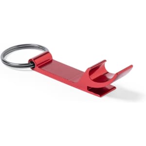 A red metal bottle opener keyring with a circular attachment loop. It has a sleek, simple design.