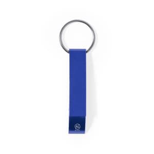 A blue bottle opener keyring with a metal ring and a small logo at the base.