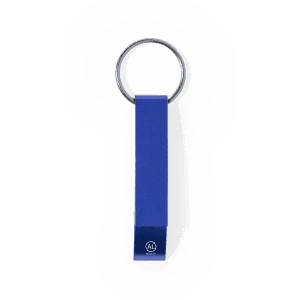 A drink bottle opener keyring in blue with a silver metal ring and a small logo.