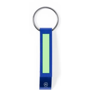 A drink bottle opener keyring in blue with a green accent and a circular metal attachment. It features a logo.