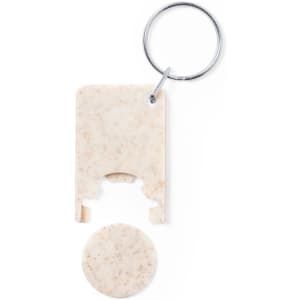 A keyring coin in beige with a round coin attached, designed for keychain use. Features a logo.