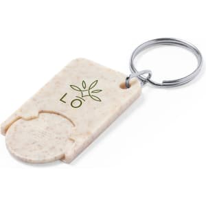A cream-coloured keyring coin with a circular coin holder and a keychain attachment. It features a logo.