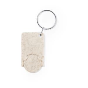 A beige keyring coin featuring a simple circular cut-out design attached to a metal keyring. It has a branding logo.