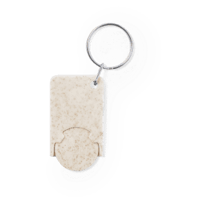 A beige keyring coin with a circular coin attachment and a metal ring. The design has a speckled texture.