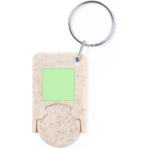 A keyring coin with a round base, featuring a textured beige surface and a metal keyring attachment.