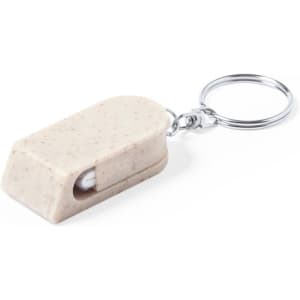 A beige keyring in a rectangular shape with a small viewing window, attached to a metal keychain.