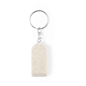 A cream-coloured keyring shaped like a small holder, attached to a metal ring, featuring a subtle speckled design.