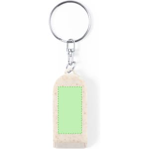 A beige keyring shaped like a drink bottle, featuring a green area for personalisation and a metal attachment.
