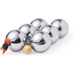 Six shiny silver petanque balls and one wooden target ball, arranged in a row. The petanque set has a branding logo.