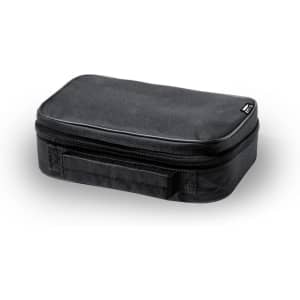 A black zippered storage case with a handle, featuring a textured surface and a compact rectangular shape.