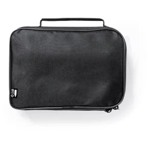 A black zippered bag with a textured surface and a top handle, featuring an emblem on one side.