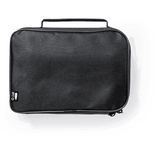 A black zippered bag with a handle, featuring a logo on the side.