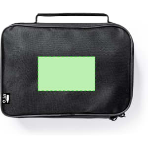 A black storage bag with a handle, featuring a blank space for customisation. The bag has a sleek, textured surface.
