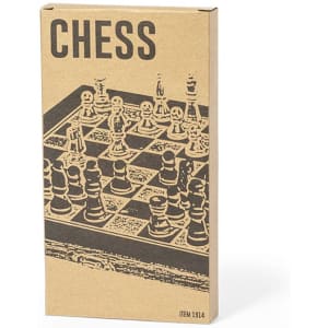 A cardboard box featuring a chessboard with chess pieces in black and white. It has a logo on the front.