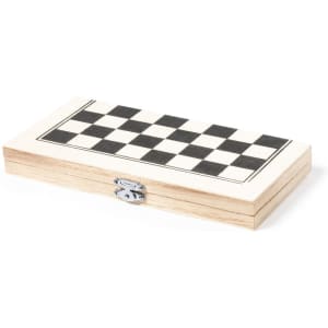 A wooden chess box with a black and white checkerboard design on the lid, featuring a metal clasp.